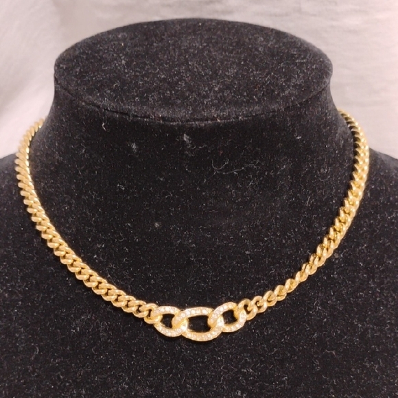 SALE! Auth Christian Dior Gold Rhinestone Choker Necklace Chunky Curb Chain/Box - Picture 2 of 11